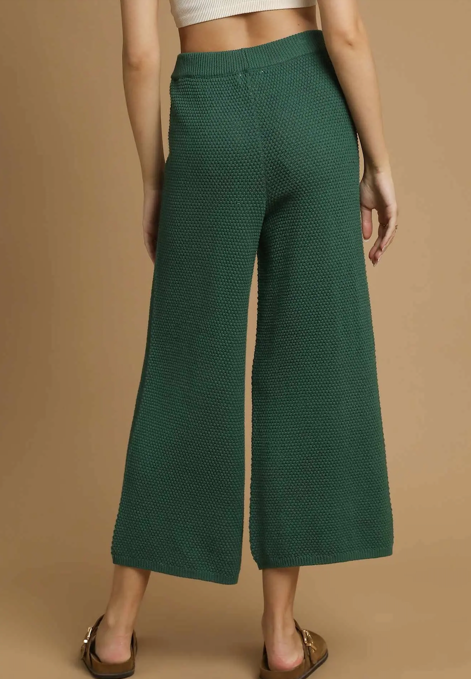 Textured Knit Wide Leg Pants Forest Green