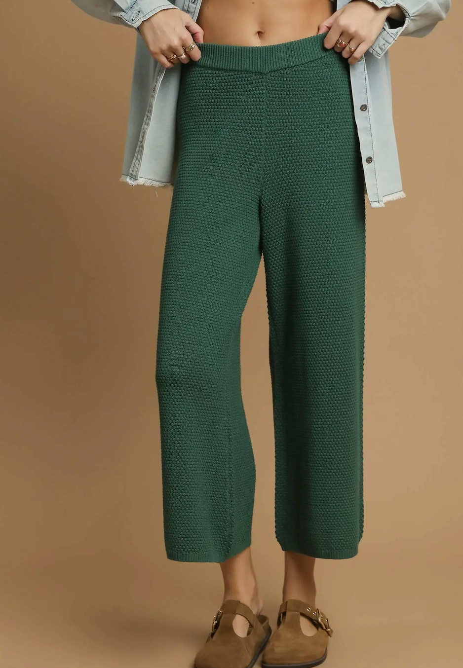 Textured Knit Wide Leg Pants Forest Green