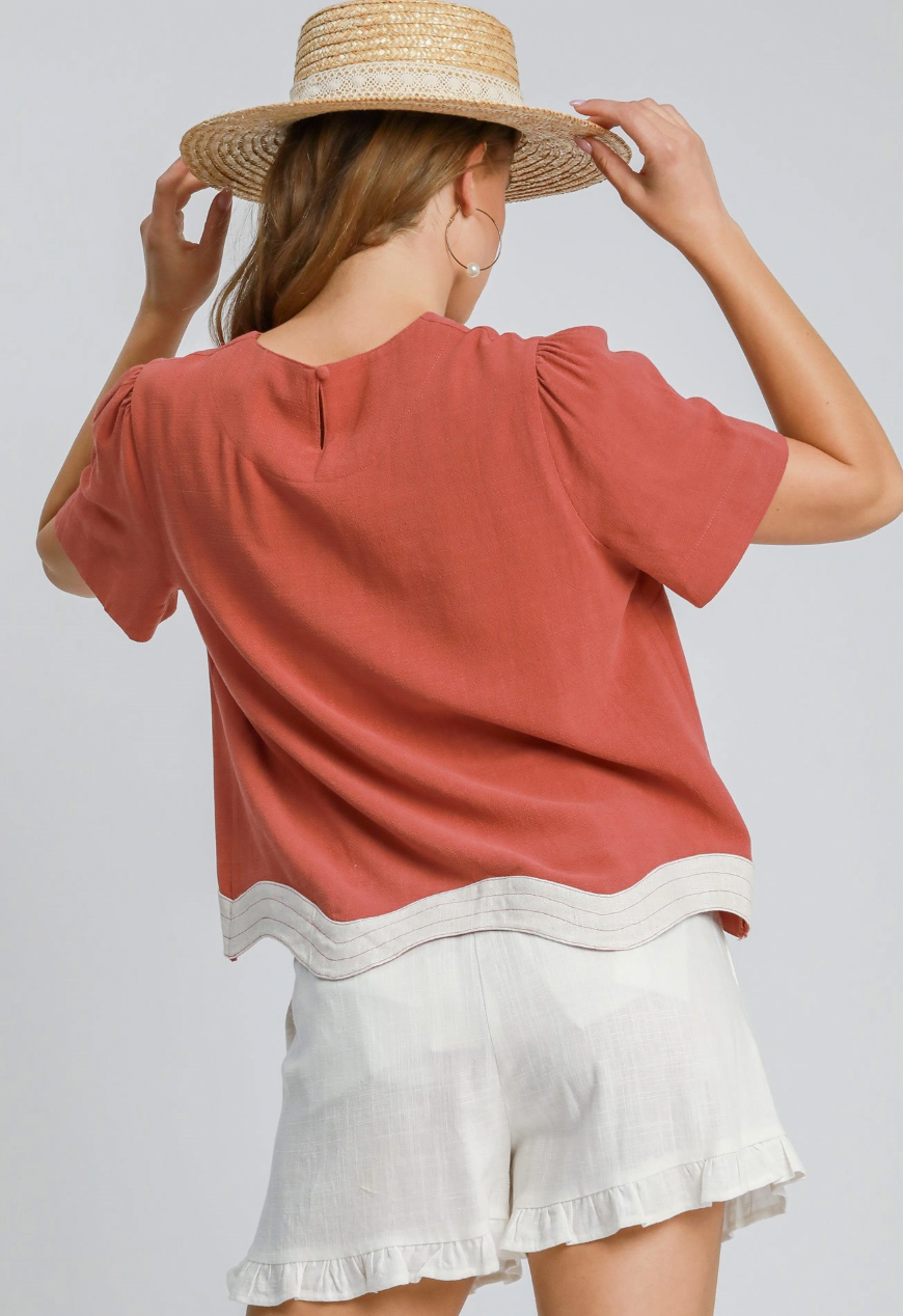 Linen Blend Scalloped Hem Top