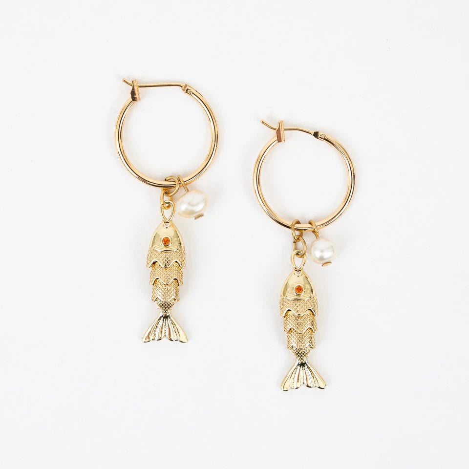 Fish and Pearl Hoop Earrings