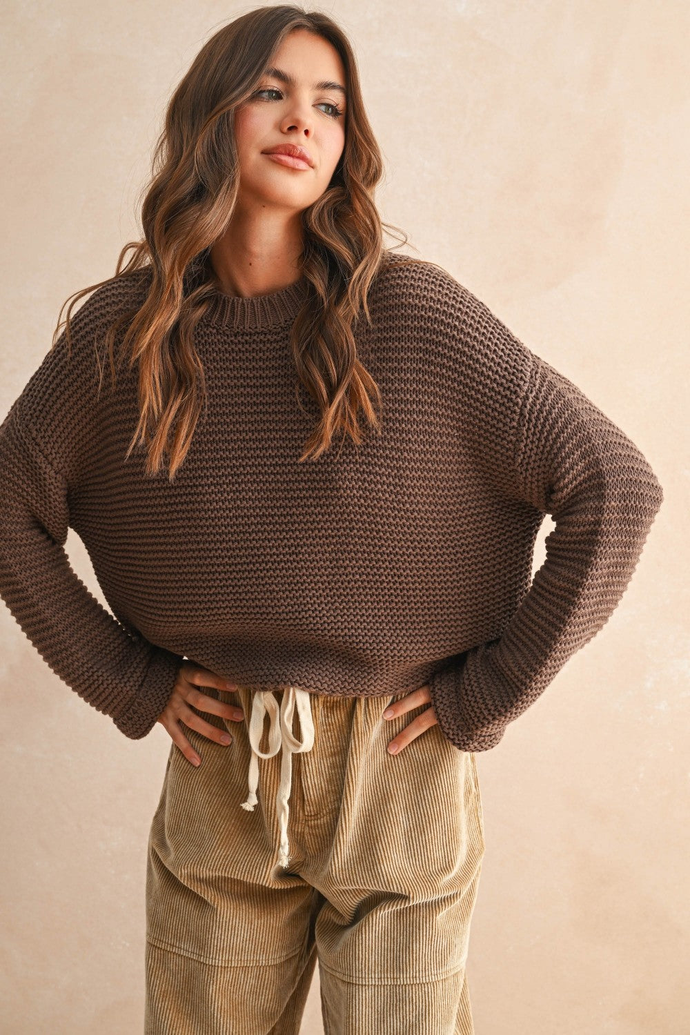 Round Neck Sweater Knitted Top Chocolate