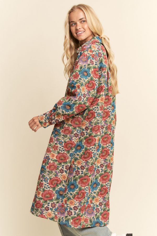 Floral Button Front Long Shirt Jacket