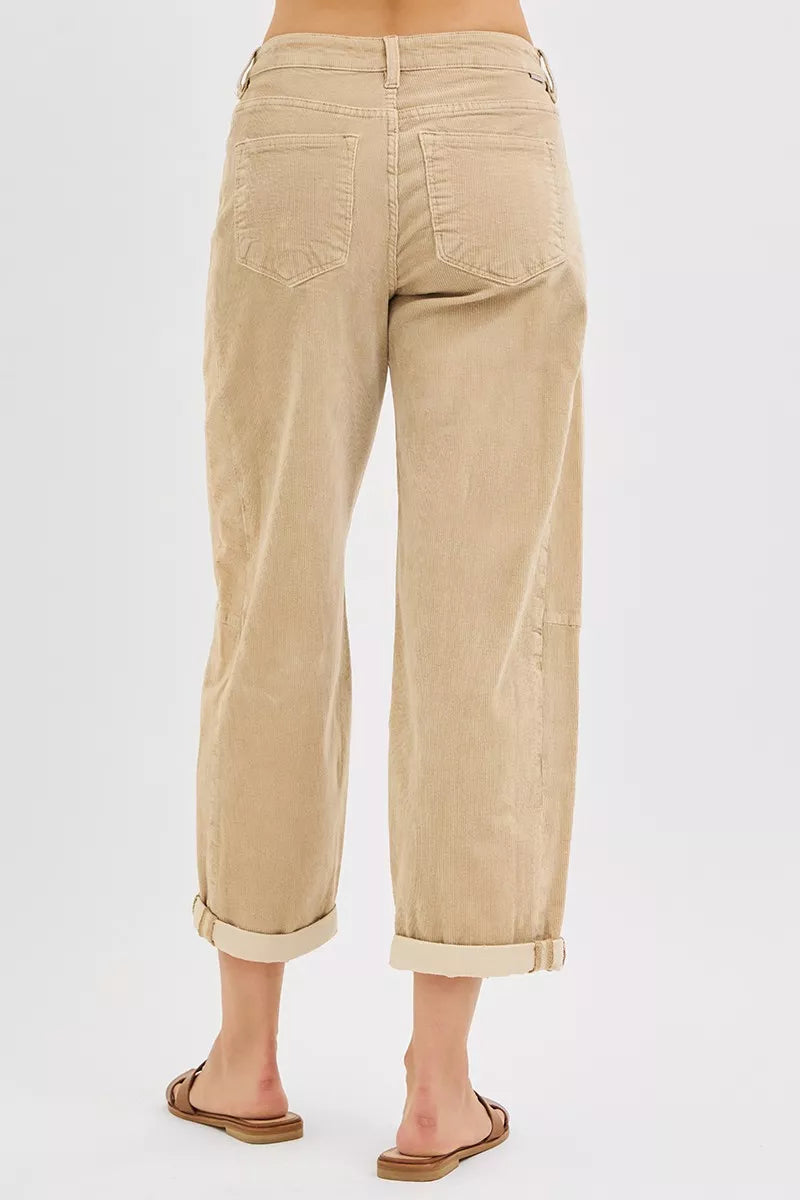 High Rise Crop Barrel Corduroy Pants in Tan