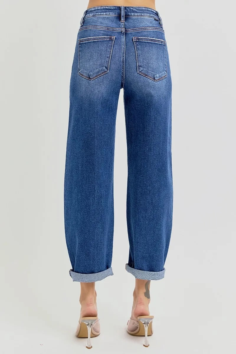 Mid Rise Barrel Double Roll Up Jeans