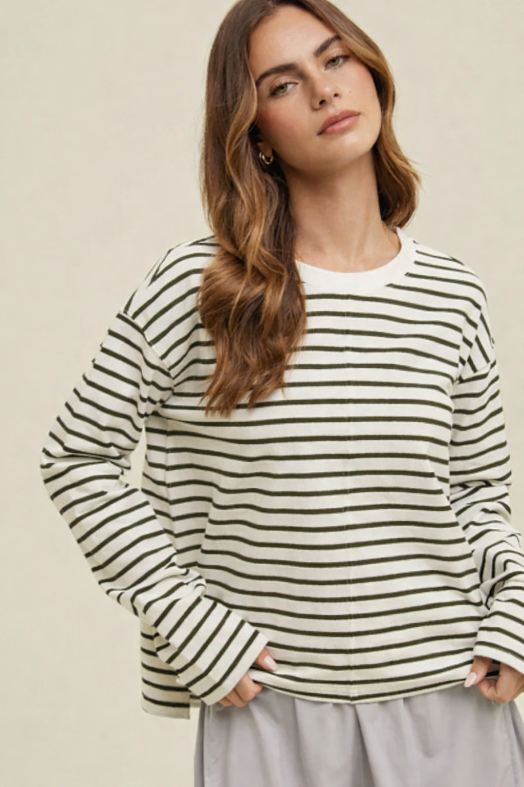 Cotton Long Sleeve Relaxed Top Ivory / Olive