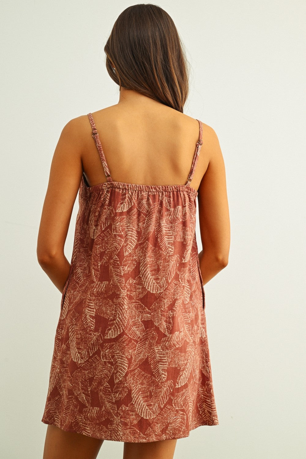 Cotton Linen Leaf Print Easy Dress Brick