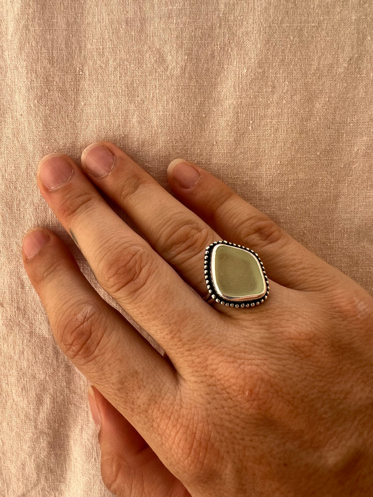 Large Seafoam Yellowish Sea Glass Ring