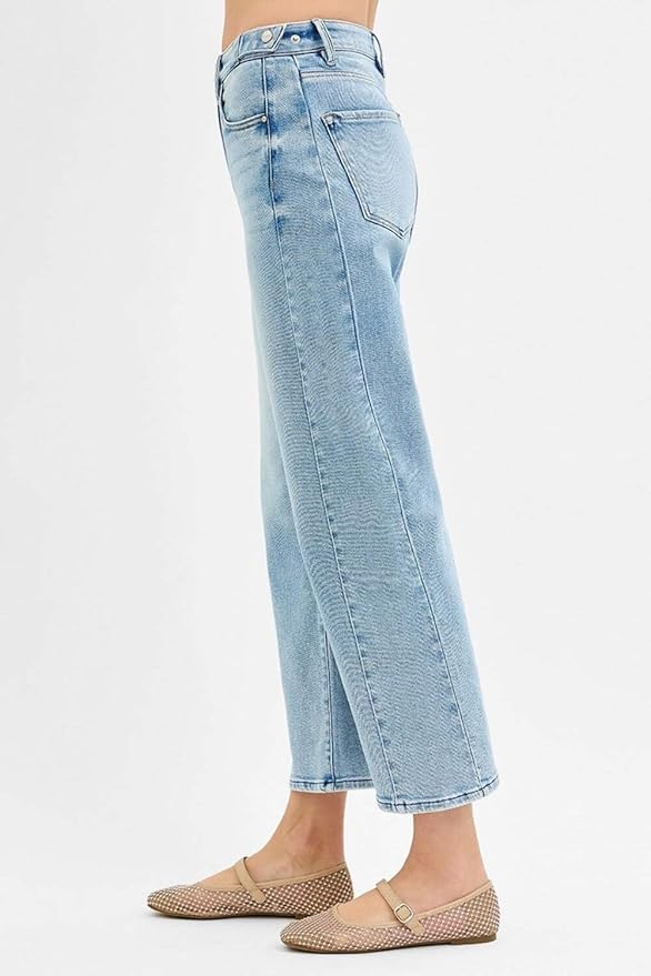 High Rise Barrel Jeans with Adjustable Waist Band