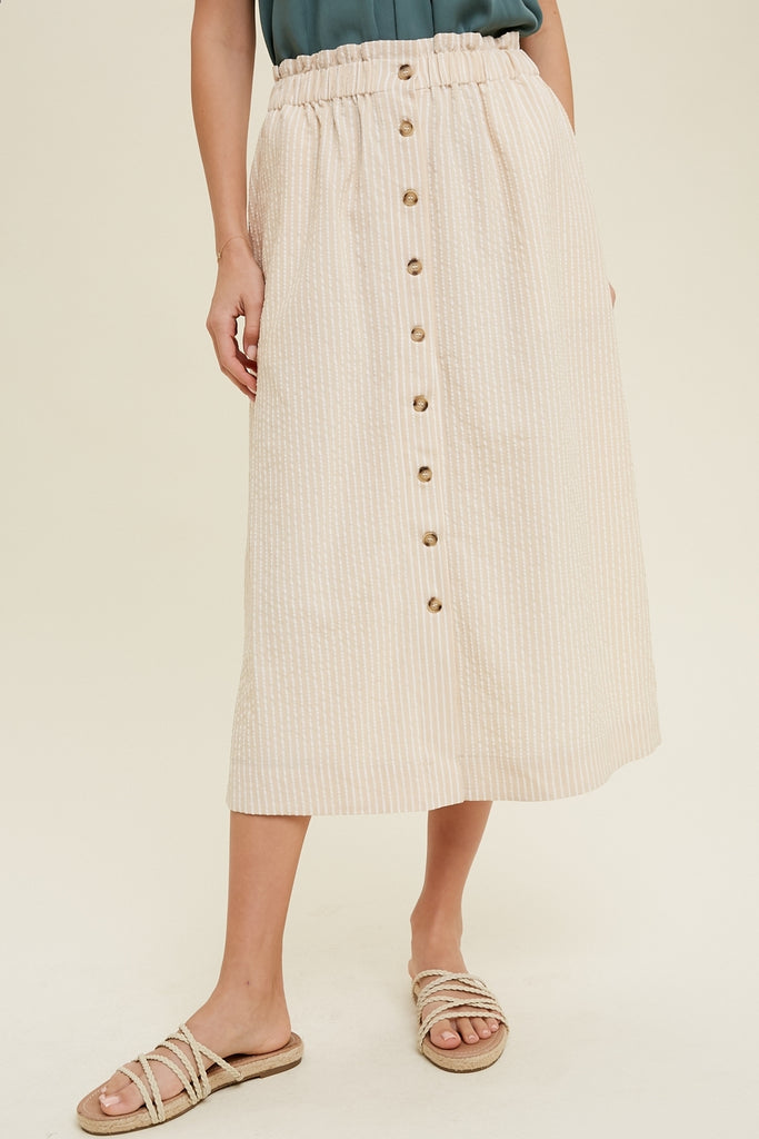 BUTTON-UP STRIPED MIDI SKIRT NATURAL