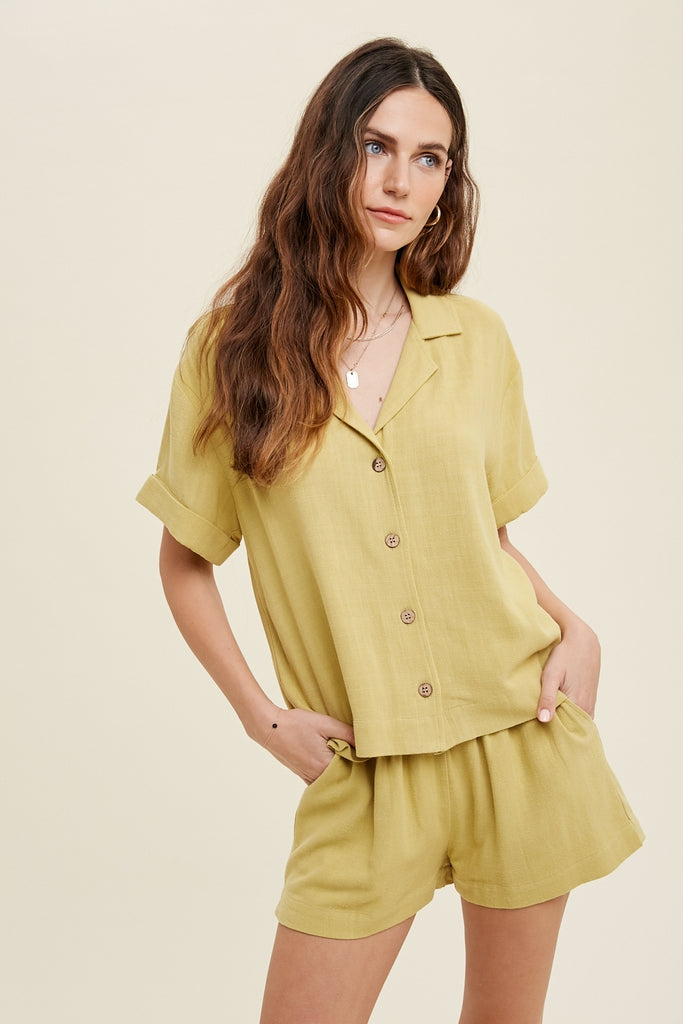 Linen Blend Collared Top Lime