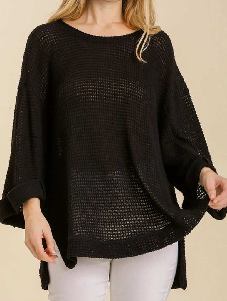 Waffle Knit Sweater Top Black