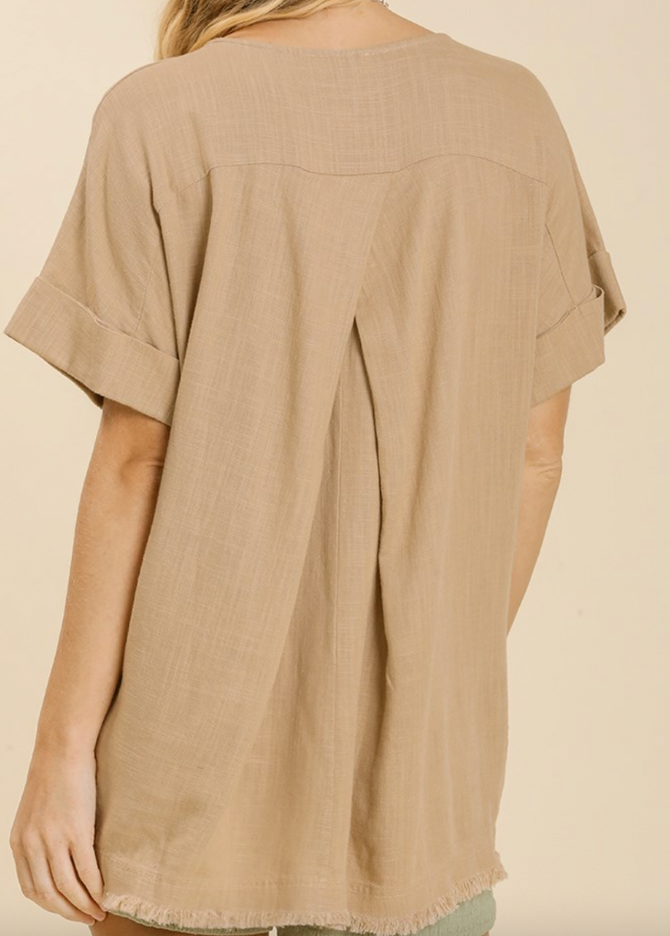 Linen Blend Top with Cuffed Sleeves