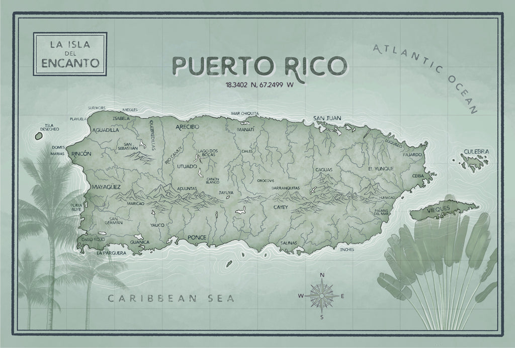 Puerto Rico Map Vintage Green
